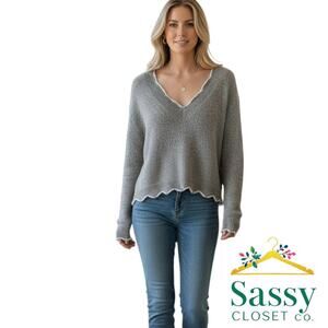 Green Gray Heather V‑Neck Sweater NWOT Contrast Trim Acrylic Size L